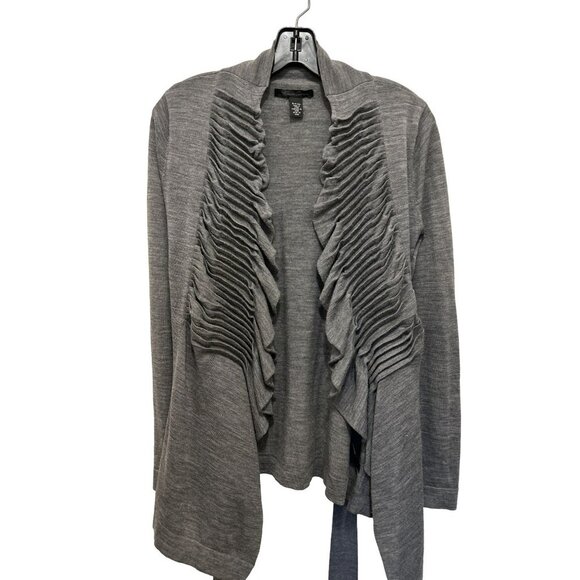 Women's Kenneth Cole Wool Gray Ruffled Front Cardigan Jacket Belt Size Small - Picture 1 of 8